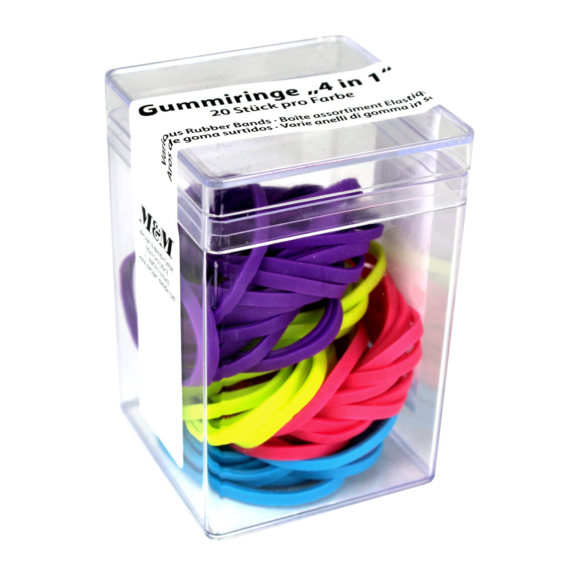Rubber Rings 4 in 1, 20 Rubber Rings in neon Green, Pink, Blue, and Purple (Total 80 Pieces) in tin