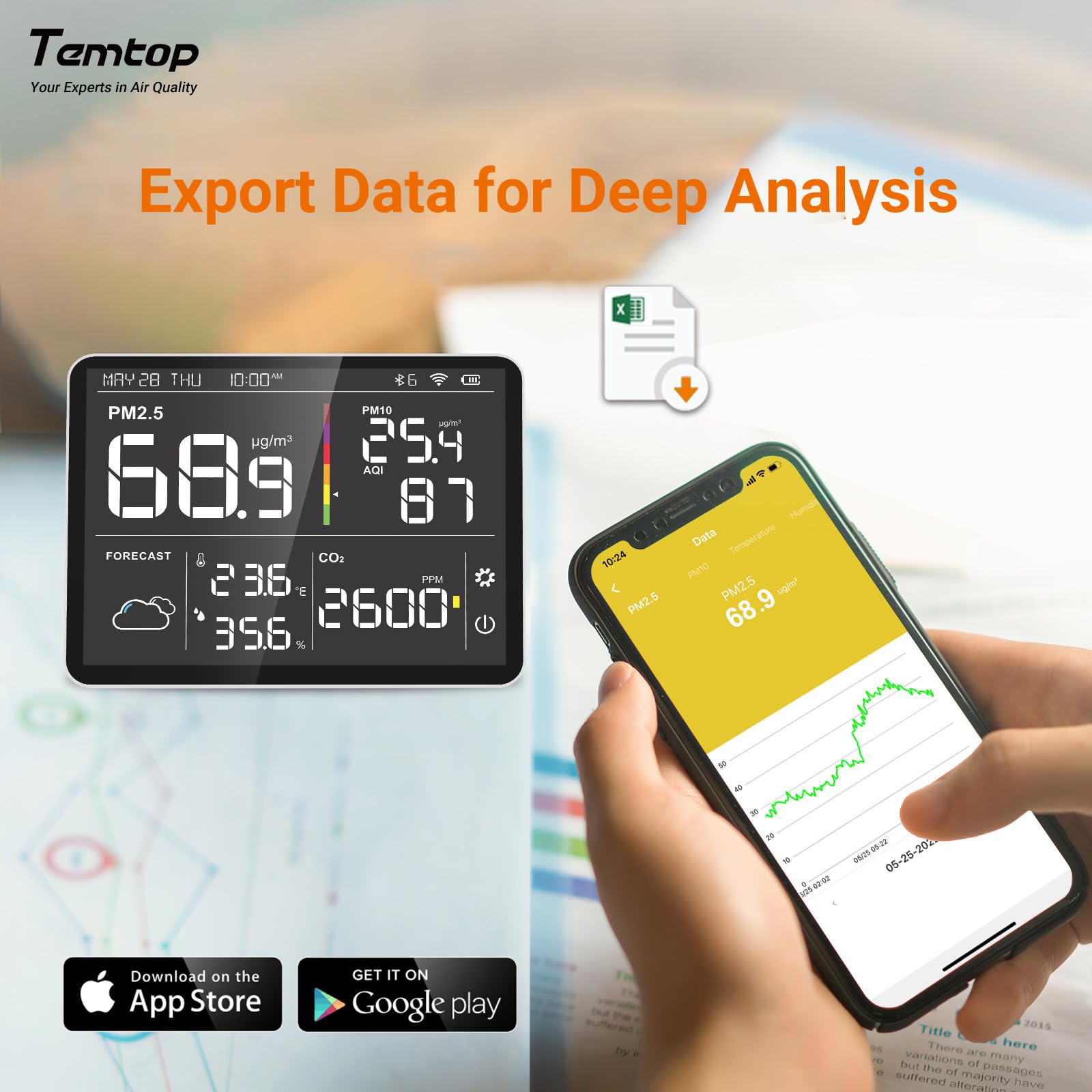 Temtop M100-UP Luftqualitätsmessgerät Wetterstation, 2.4G WLAN Bluetooth Thermometer mit App, 8-in-1 Luftqualitätsmessgerät (PM2.5/CO2/Temperatur/Feuchtigkeit) 5