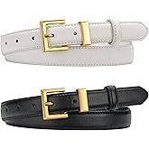 Thankspaw 2 Pack Women Skinny Leather Belts for Jeans Dress Pants Thin Faux Leather Waist Belt for Ladies with Golden Buckle