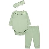 Little Me Simply Essential Solids Clothes for Baby Girls' Bodysuit, Pant, and Headband Set, 3 Months to 12 Months