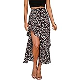 BTFBM Women 2026 Spring Summer Long Skirts Dress Boho Floral Elastic Waist Split Ruffle High Low Beach Maxi Skirt Clothes