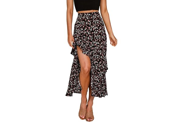BTFBM Women 2026 Summer Spring Boho Long Skirts Dress Floral Print Elastic Waist Split Ruffle High Low Beach Maxi Skirt