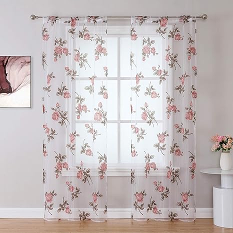 juego de 2 cortinas de gasa con estampado floral de tela de tul transparente para puerta de habitacion y ventana de gasa rosa con aspecto de lino