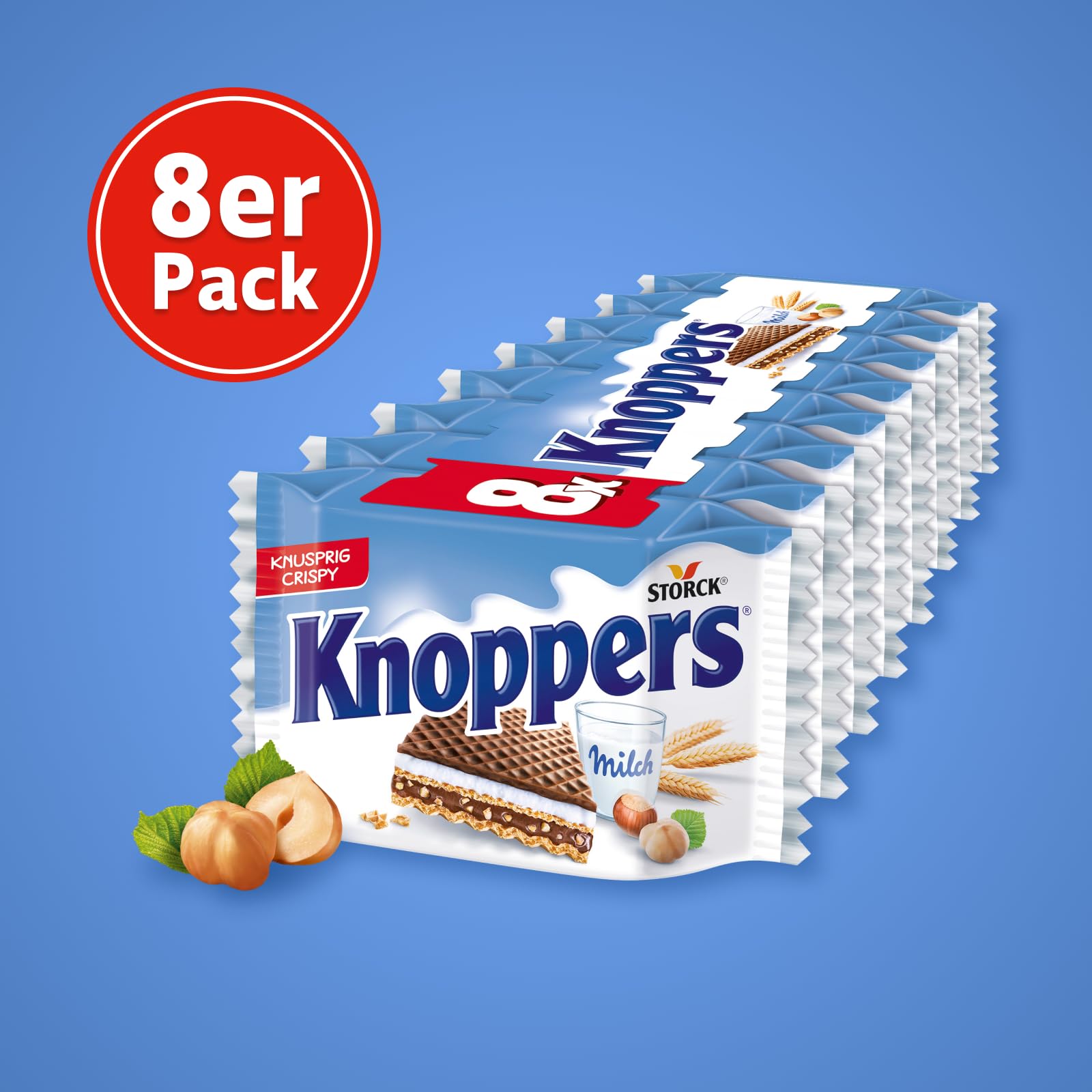 Knoppers – 8 x 25 g – Gefüllte Waffelschnitten mit Milch- und Nougatcreme, Haselnüssen und Kakao 2