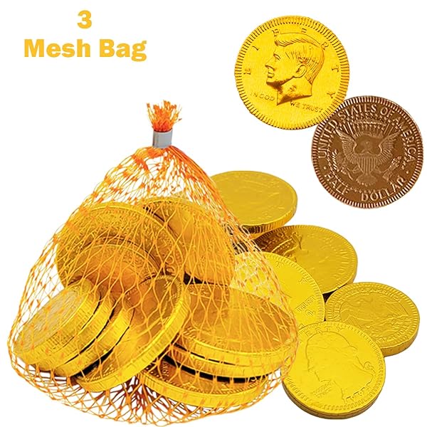 FRUIDLES CHOCOLATE COINS IN MESH BAGS, 10 BELGIAN MILK CHOCOLATE HALF-DOLLAR GOLD COINS PER MESH BAG, TOTAL 4.5OZ MESH BAGS (3 MESH BAGS)