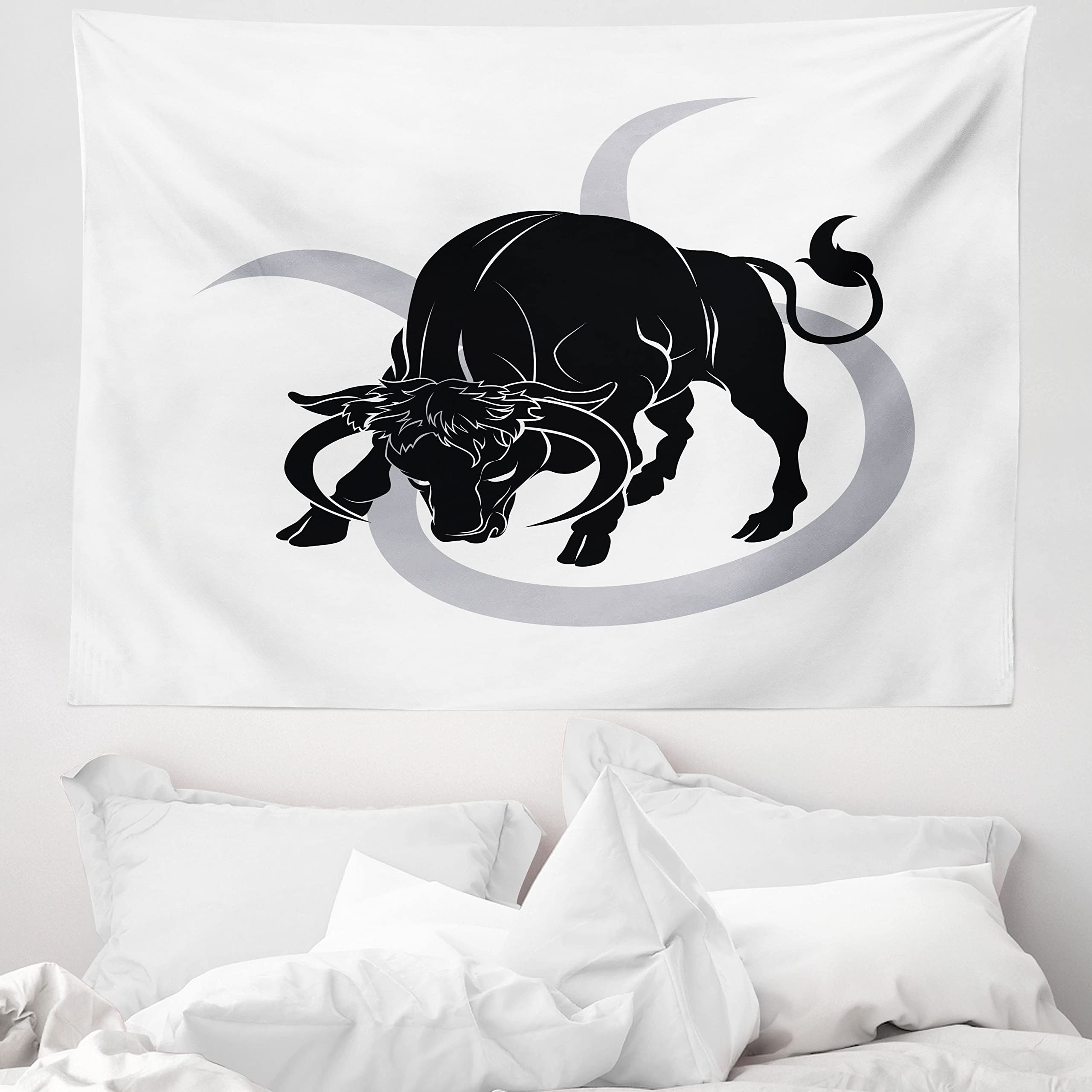 ABAKUHAUS Zodiac Taurus Tapestry, Black Silhouette of Animal Ox on Horoscope Astrology, Fabric Wall Hanging Decor for Bedroom Living Room Dorm, 58 W X 43 L, Pale Grey Black White