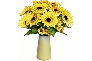 Artificial Sunflower Table Centerpiece, 13 Inch Faux Sunflower Arrangement in 6 Inch Yellow Ceramic Vase, Fake Flowers with E