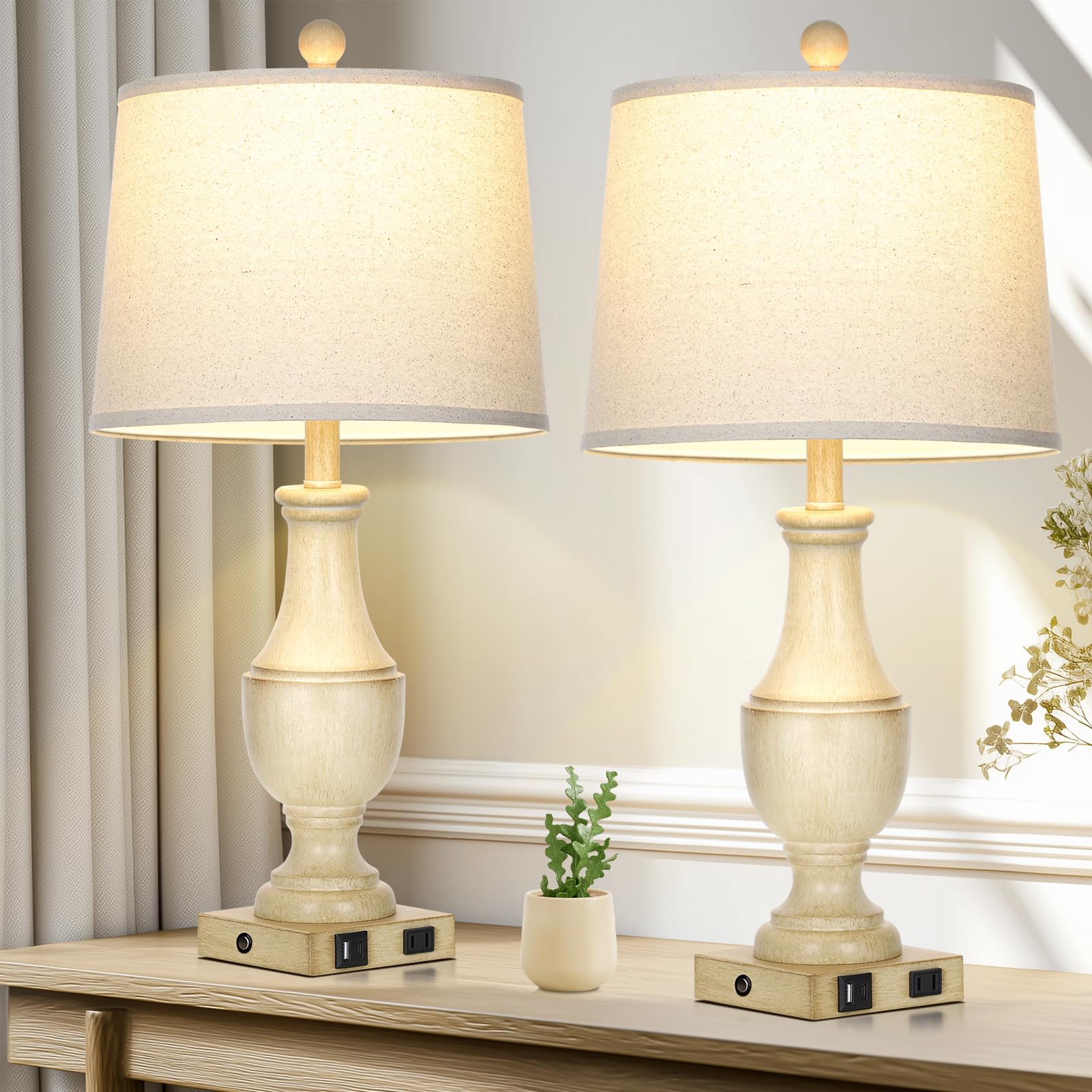 Photo 1 of Rinweey Farmhouse Lamps Set of 2, Vintage Rustic 3-Way Dimmable Touch Control Table Lamp with USB A+C Charging Ports & AC Outlet, Retro Resin Bedside Lamp Linen Shade for Bedroom Office Antique White