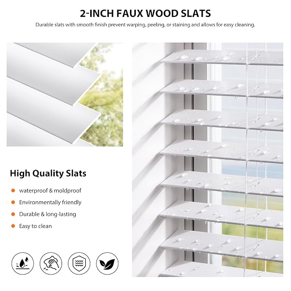 LAZBLINDS 2-INCH CORDLESS FAUX WOOD BLINDS WITH ROYAL VALANCE, ROOM DARKENING HORIZONTAL WINDOW BLINDS, INSIDE MOUNT BLINDS FOR WINDOWS – FIT FOR WINDOW 35.5″ W X 60″ H – WHITE