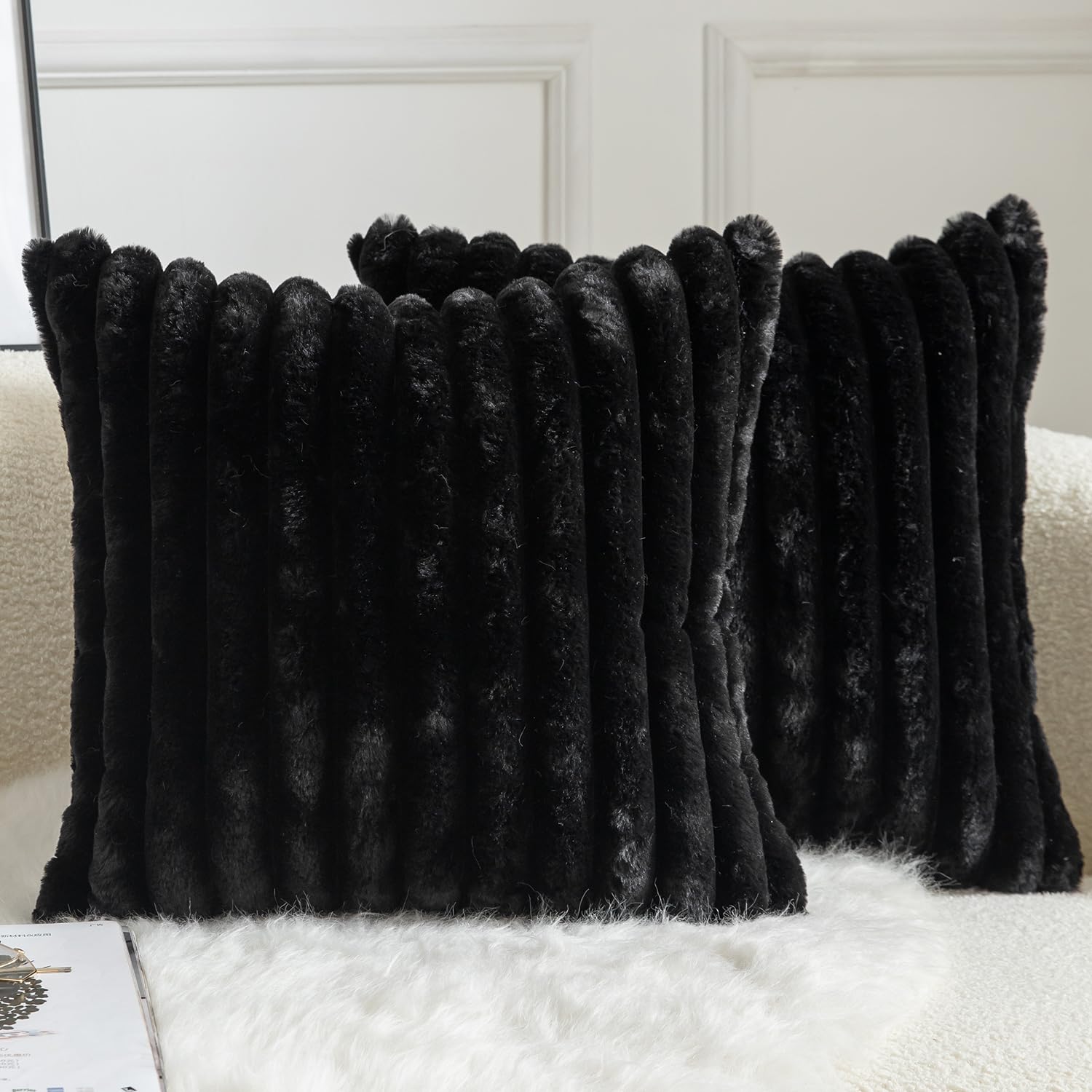 Mandioo Pack of 2 Decorative Cushion Covers 30cm x 50cm Faux Fur Striped Plush Soft Throw Pillow Covers Pillow Cases Bedroom Living Room Sofa Home 24x24 Inch Black