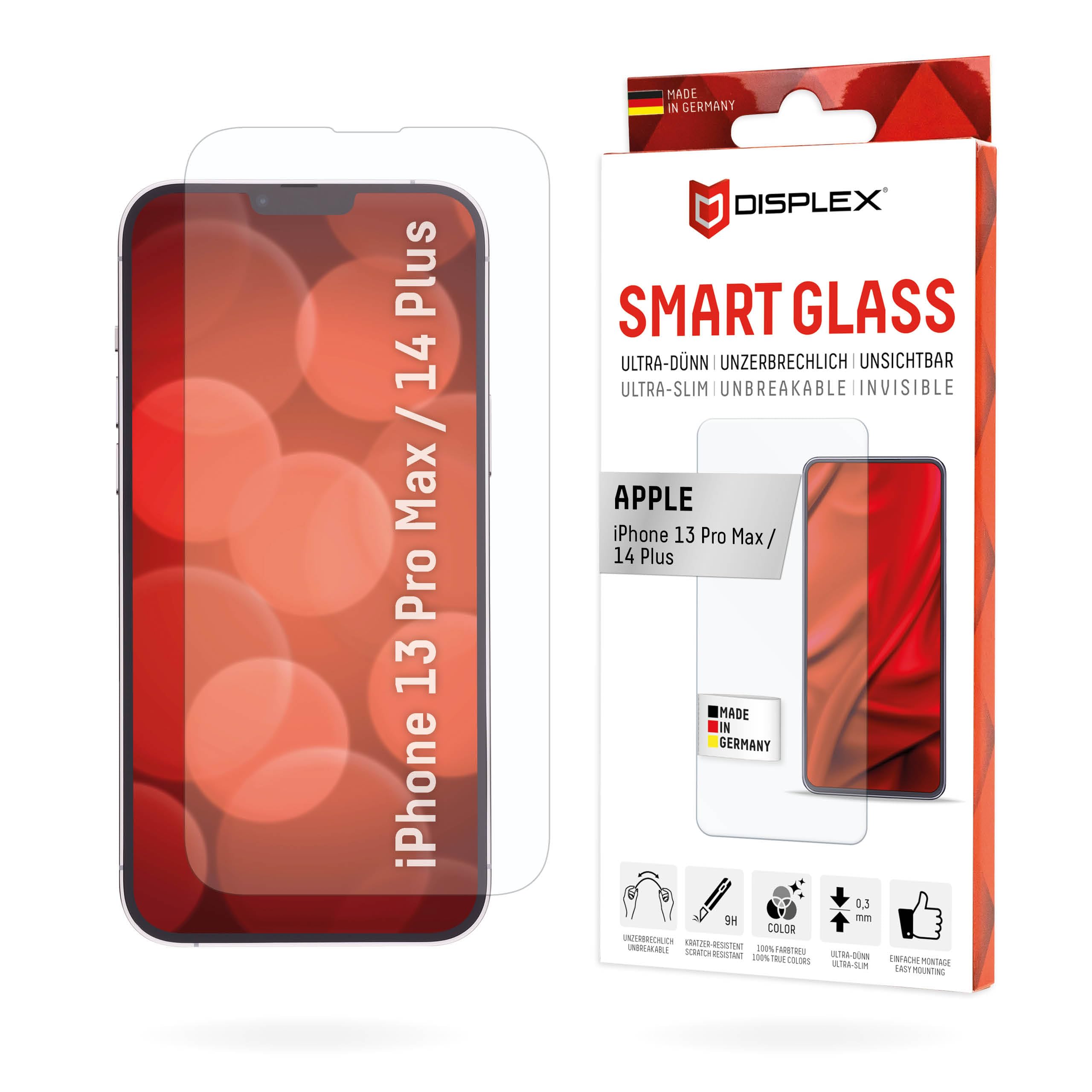 Displex Smart Glass iPhone 13 Pro Max/14 Plus, Hard Tempered Glass (10H), Ecological Mounting Frame, Scratch-Resistant Tempered Glass, High-Tech Anti-Fingerprint Coating, Case Friendly