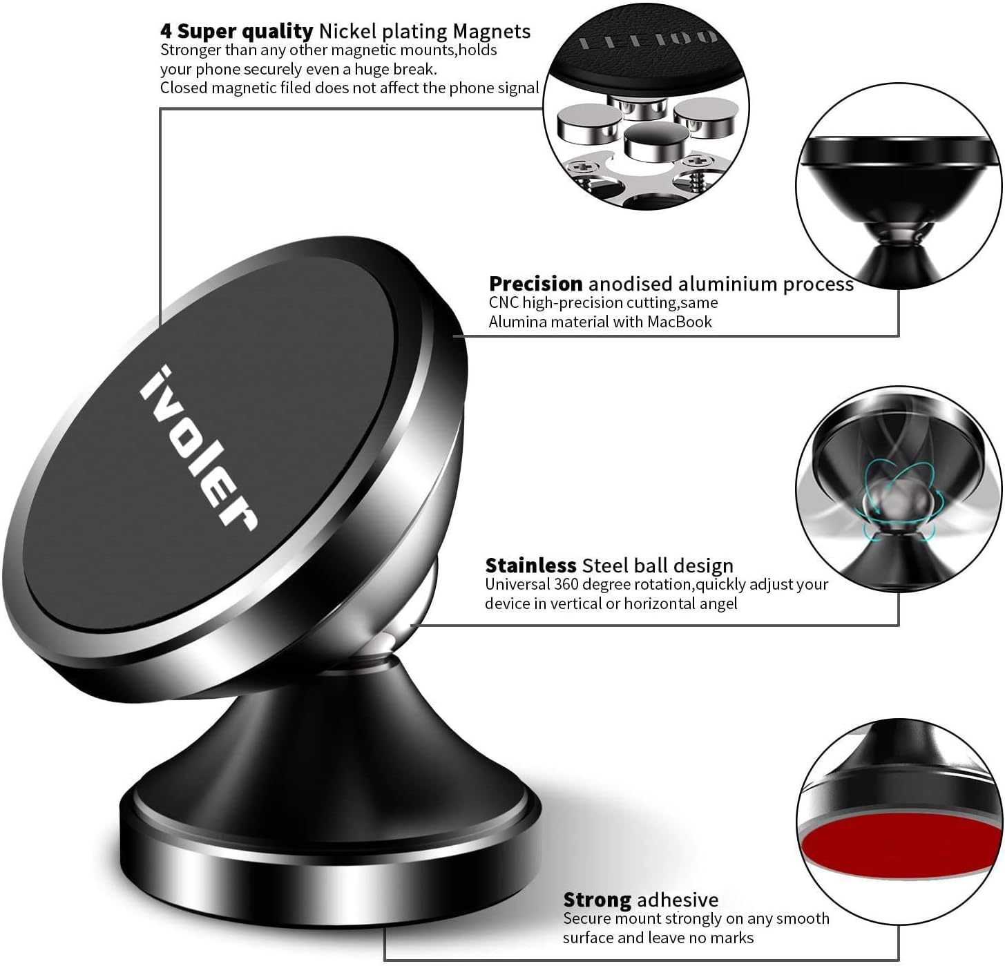 ivoler [2-Pack Magnetic Car Phone Holder, Ultra-Compact Mount with Strong N52 Magnets, 360° Rotation - Image 3
