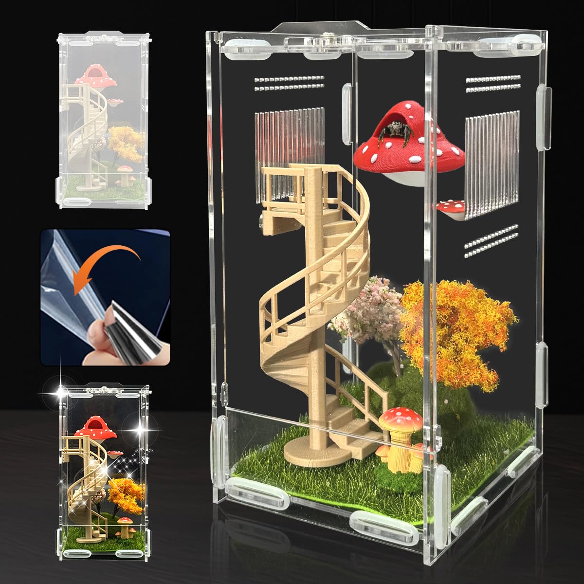 Photo 1 of Jumping Spider Enclosure, 4.7" X 4.7" X 7.8" Acrylic Spider Habitat, Front Opening Reptile Terrarium with Matrix Ventilation Holes & Feeding Holes, for Hermit Crab Tarantula Mantises Beetles