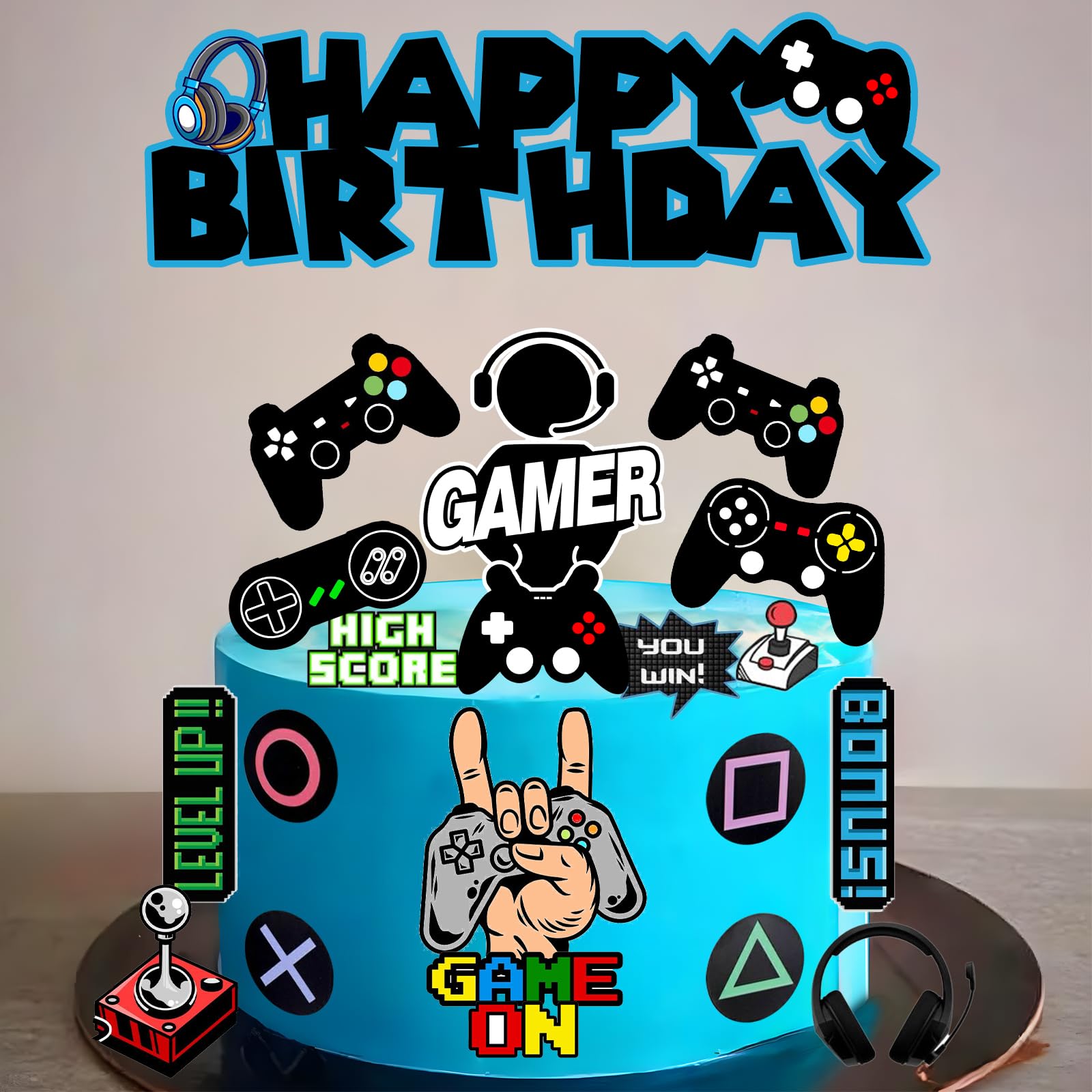 Photo 1 of 19Pcs Video Game Cake Topper, Video Game Theme Cake Decoration, Game On Controllers, Birthday Party Supplies for Game Fans, Kids and Men