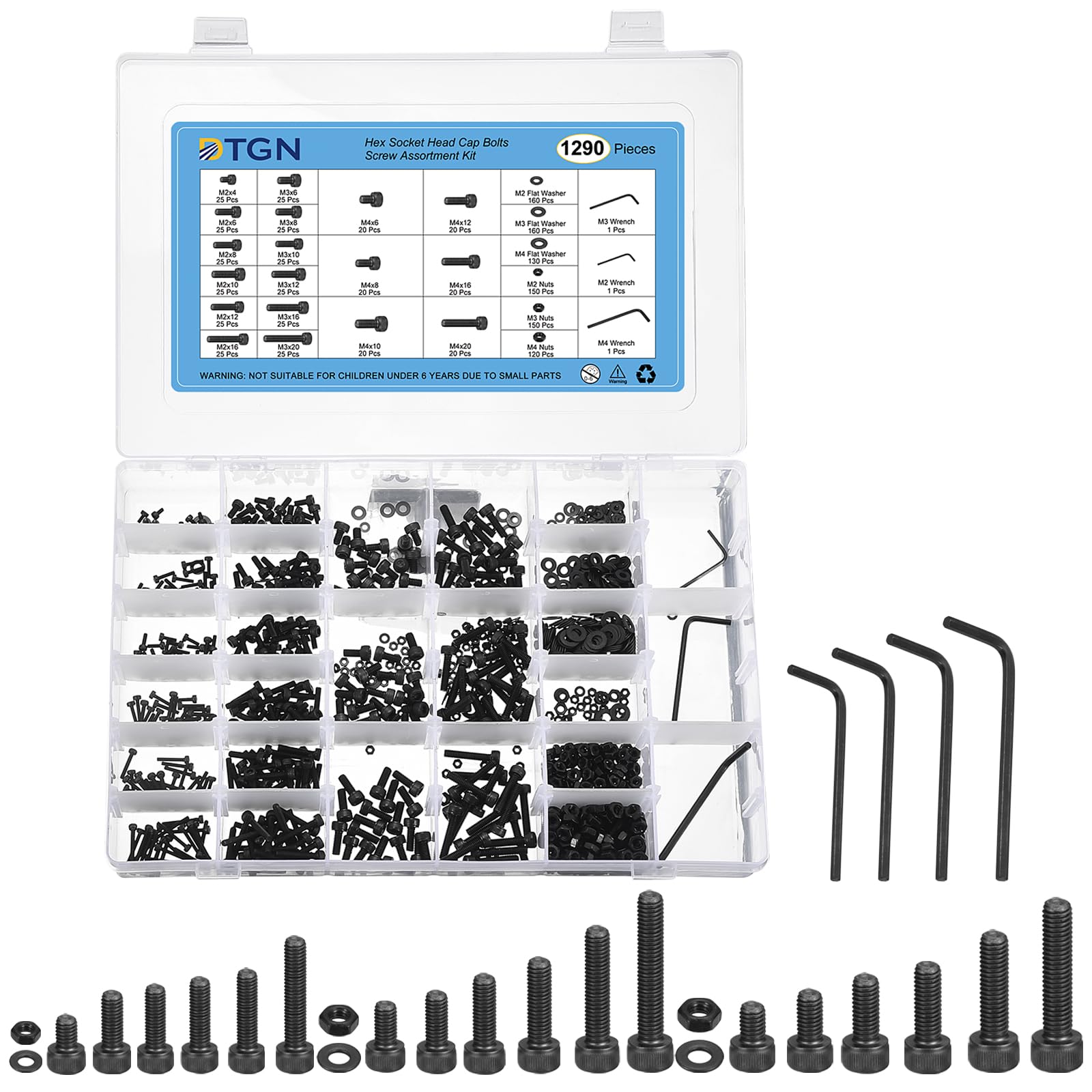 DTGN 1290Pcs Metric Screw Assortment, M2 M3 M4 Bolts and Nuts Kit, 12.9 Grade Steel Hex Socket Head Cap Screws Bolt Set With Wrench, Washers for 3D Printing DIY
