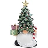 Hodao Christmas Gnome Figurine with Tree Hat & Gifts, Hand-Painted Resin Ornaments, Indoor Home Decor for Mantel, Shelf & Table, Glitter Accents Holiday Decorations, Gift-Ready Box