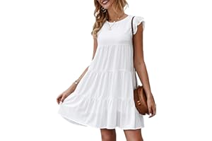 KIRUNDO Women's Summer Dresses Sleeveless Ruffle Sleeve Round Neck Solid Loose Short Flowy Pleated Mini Babydoll Dress