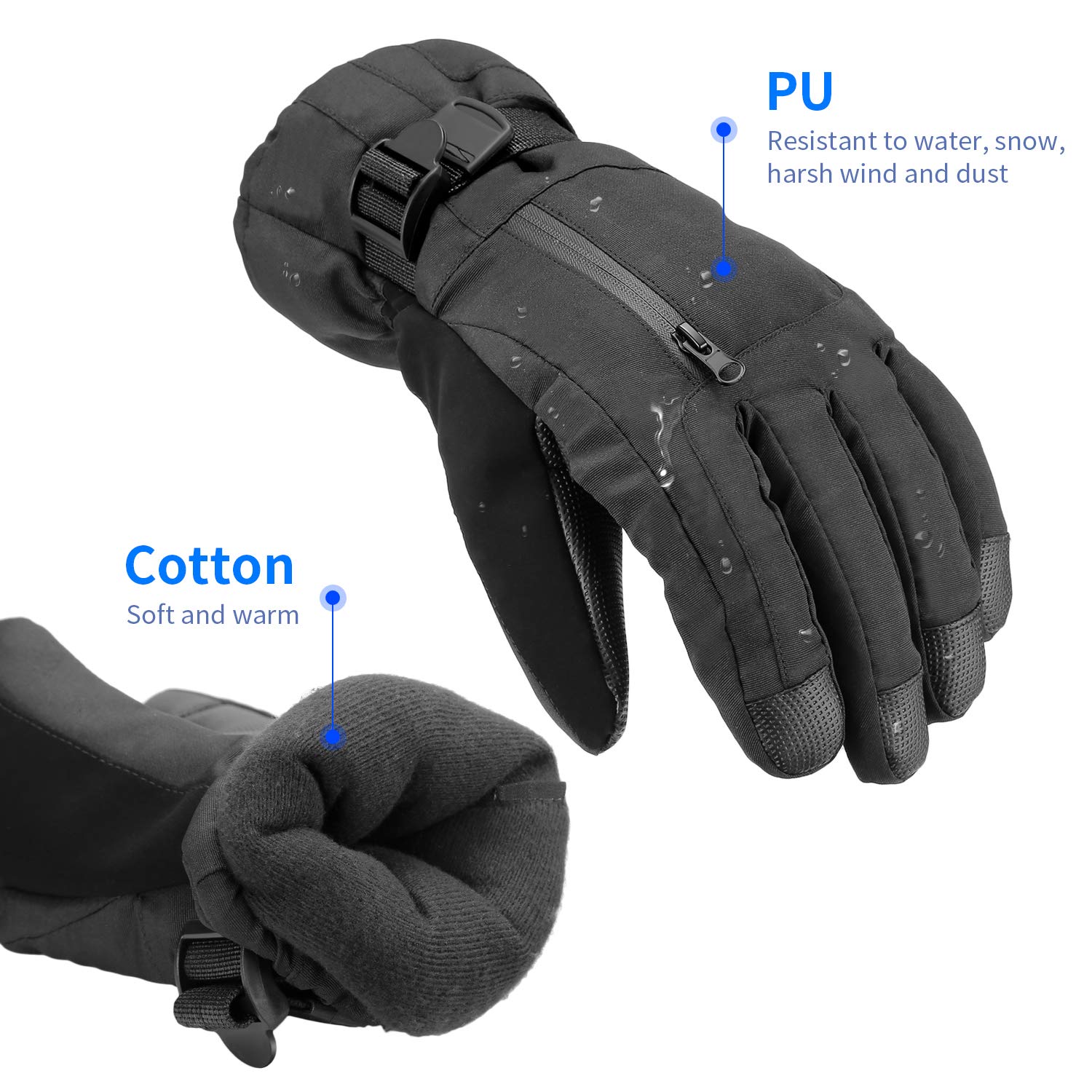 NACATIN Snowboard Gloves,Ski Gloves with Pocket Waterproof for Mens Womens,Thermal Warm Gloves 3M Thinsulate Insulated with Zipper for Winter Snowboard Cycling Snowmobile(Black)