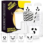 Xuelimei 12oz White Black Ghost Halloween Disposable Plastic Cups with Flat Lids and Straws Happy Halloween clear Cups for Party Supplies Coffee, Beer, Drinks, Ice Cream, Snack and More (50)
