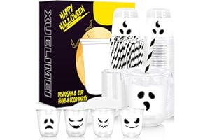 Xuelimei 12oz White Black Ghost Halloween Disposable Plastic Cups with Flat Lids and Straws Happy Halloween clear Cups for Party Supplies Coffee, Beer, Drinks, Ice Cream, Snack and More (50)
