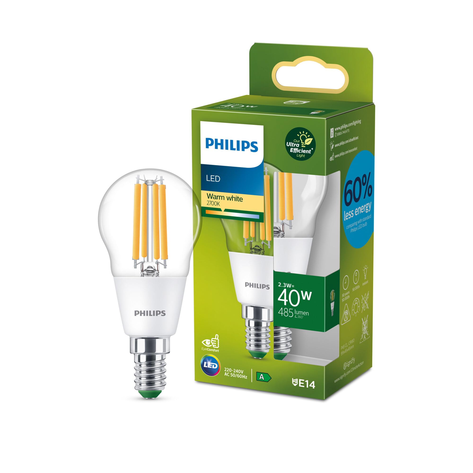 Philips Ultra Efficient - Ultra energy saving lights, LED light source, 40W, P45, E14 Candle Warm White 2700 kelvin, clear — image 1