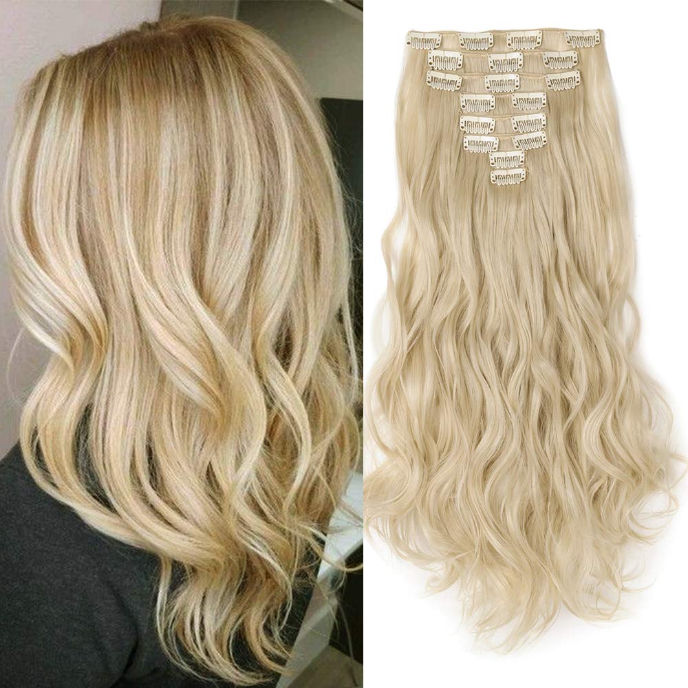 Silk-co 24 inch 8PCS Hairpiece Clip in Hair Extensions Bleach Blond 100% Synthetic Hair Piece Long Curly Wavy for Full Head — image 1