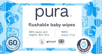 Pura Eco Flushable Baby Wipes 60 Wipes 100% Plastic Free Biodegradable