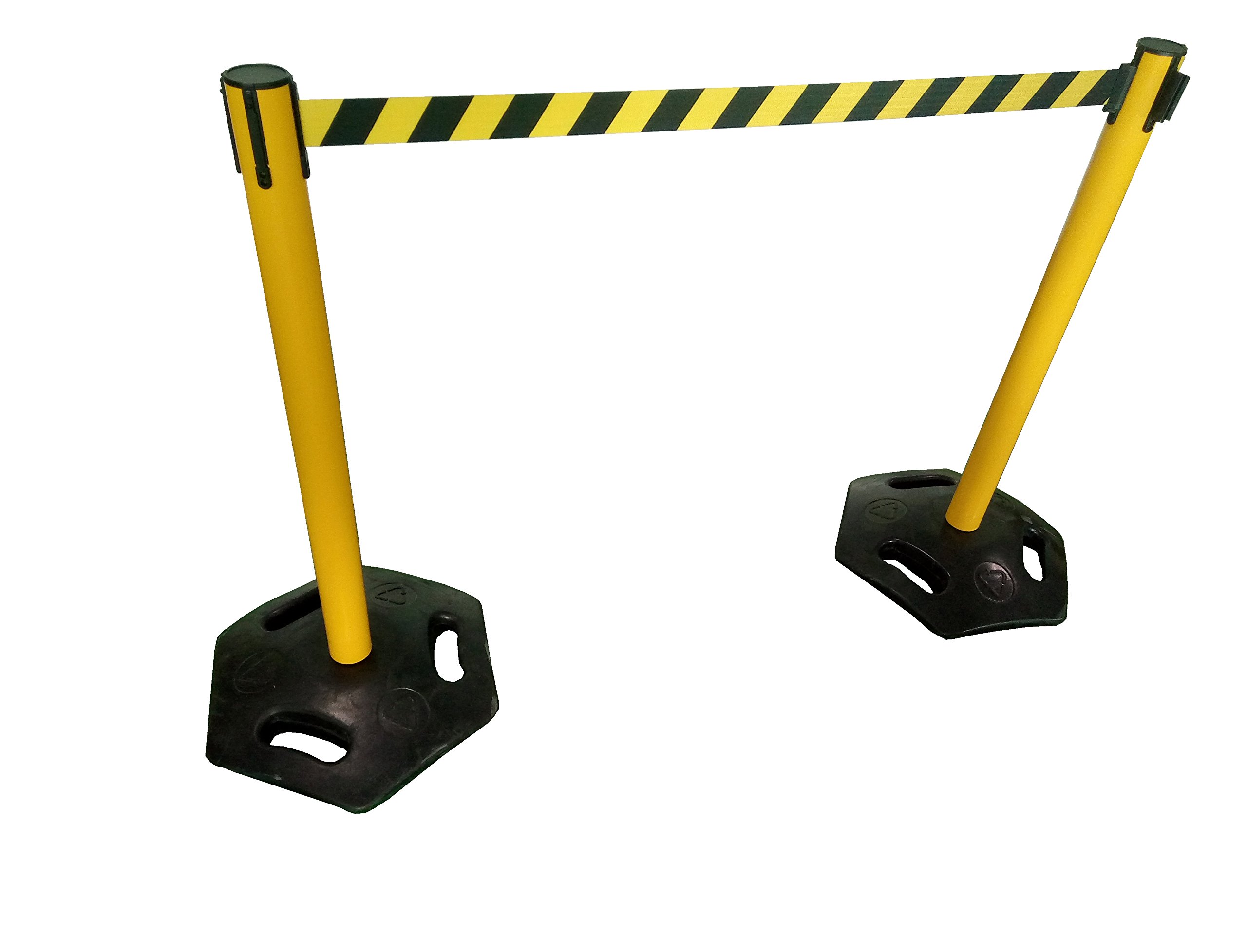 Pro²Tect Belt Posts GAP-G-OUT, Tape Barrier Posts, Guidance System, solid rubber base, set of 2, height: 1 m, belt length: 3,4 m, yellow, Crowd Control, Security Fence, Queue Pole Barrier, Delineator