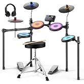 Donner DED-70L Electronic Drum Set with LED Light Up Quiet Mesh Drum Pads &amp; 9" Cymbals, 150 Sounds, 15 Drum Kits, USB MIDI, Type-C Charging, 2 Pedal, Throne, Headphones, Sticks, Melodics Lessons