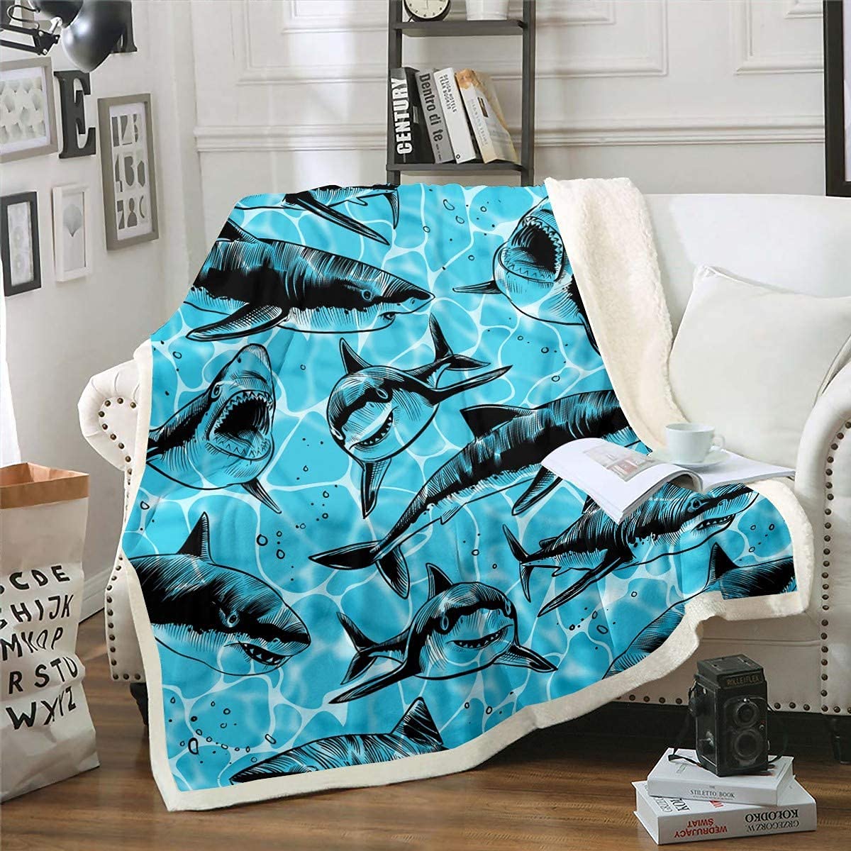 Loussiesd Shark Fleece Throw Blanket Boys Kids Toddler Ocean Marine Life Sea Creature Plush Blanket Aquatic Animal for Sofa Bed Soft Lightweight Blue 40x50 Inch