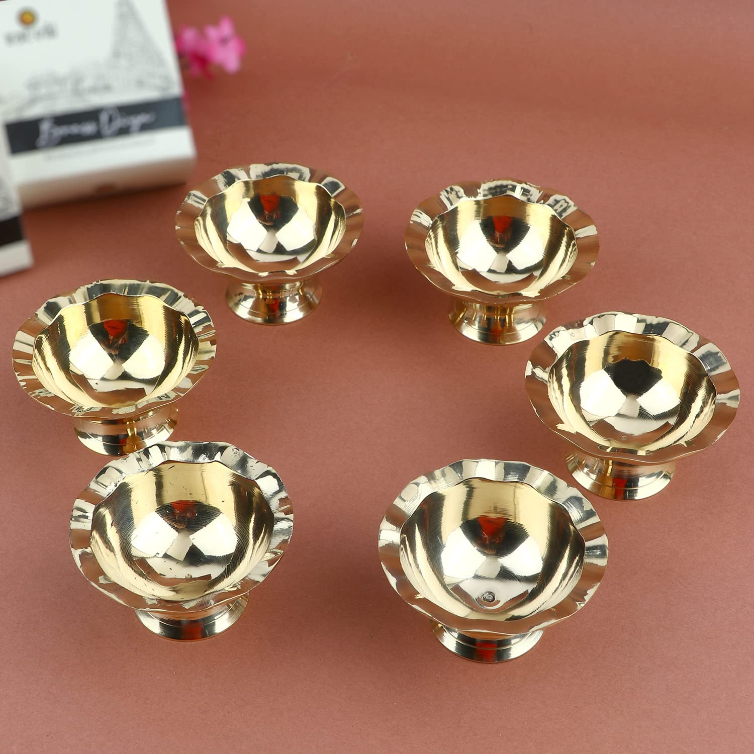 Satvik 6 Pc of Pure Brass Diya for Pooja Tibetan Buddhist Altar Supplies Oil Lamp Indian Puja Kutthu Vilakku Deepam Meditation Offering Butter Lamp Tea Light Holder Indian Housewarming Return Gifts