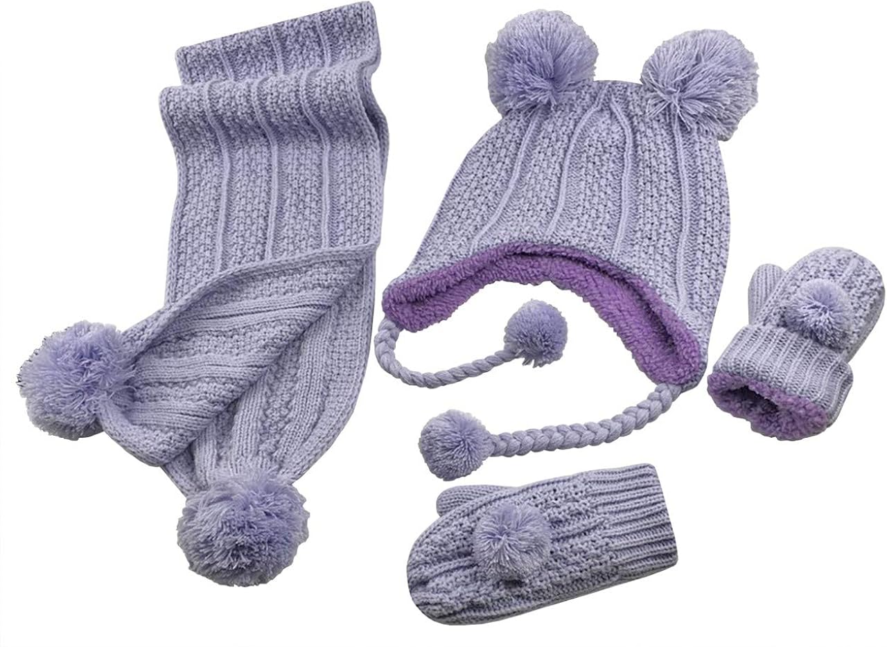 N'Ice Caps Little Girls and Baby Sherpa Lined Knitted 3PC Winter Set with Poms: Clothing