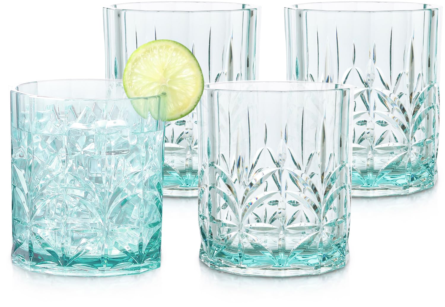 BELLAFORTE Shatterproof Tritan Plastic Short Tumbler, Set of 4, 13oz - Myrtle Beach Unbreakable Crystal Cut Old Fashioned Drinking Glasses for Whiskey - BPA Free - Dishwasher Safe - Teal