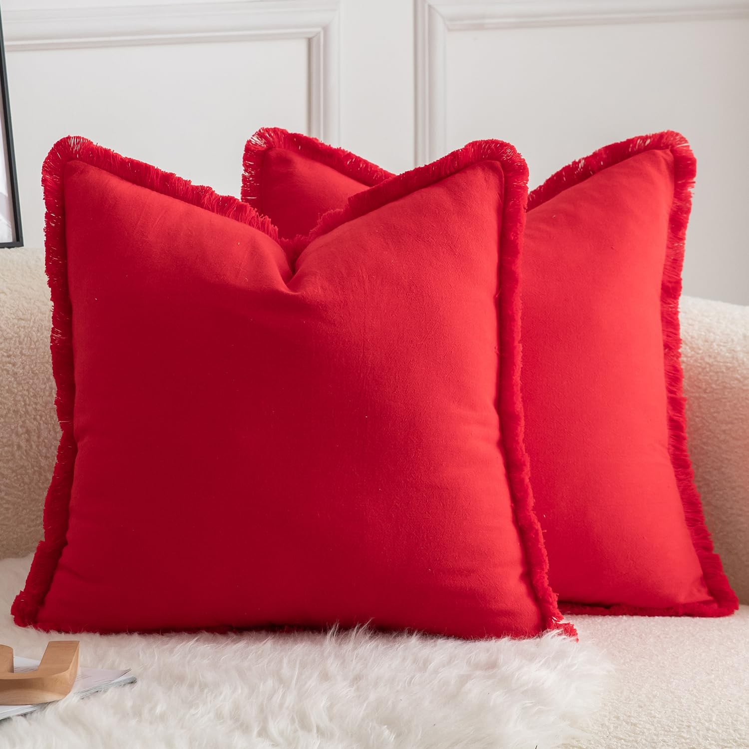 Mandioo Set of 2 Neutral Cotton Fringe Cushion Covers 60x60 cm 24x24 inch Decorative Boho Farmhouse Throw Pillowcase Cozy Tassels for Couch Sofa Bedroom Living Room Home Decor Red