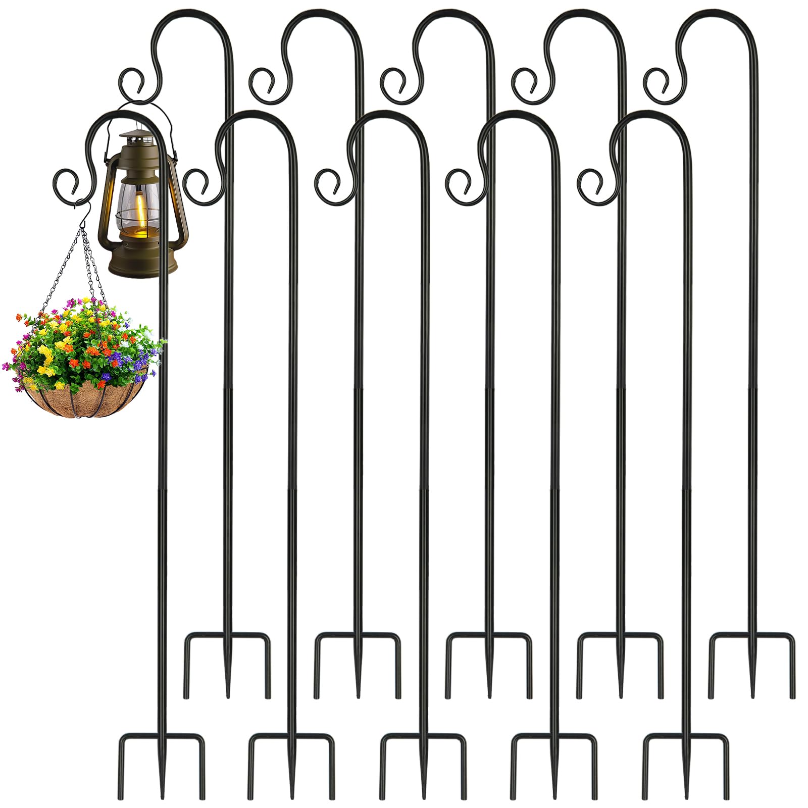 Photo 1 of **USED/DAMAGE/INCOMPLETE** Gezen 10 Pack Curled Shepherds Hooks for Outdoor Bird Feeder Pole 47inch, Rust Resistant Metal Garden Hook, Outdoor Plant Hanger for Lanterns, Solar Lights, Weddings Decor, Adjustable, Black