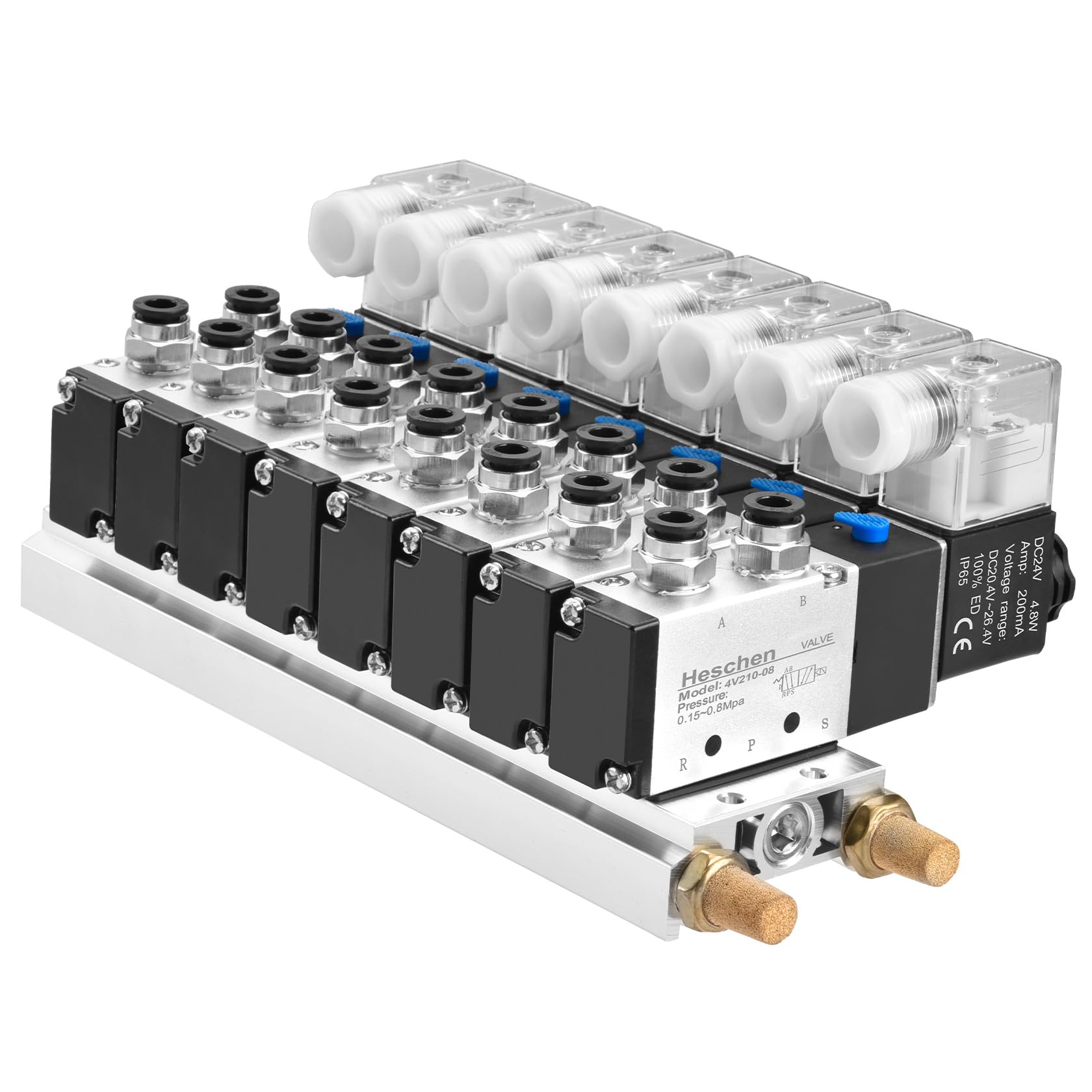 Heschen Integrated 8 Space Manifold Solenoid Valve 4V210-08 DC24V G1/4 inch 5 Way 2 Position with Base Muffler Quick Fittings Set