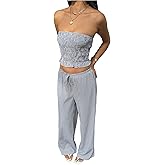 SweatyRocks Women's 2 Piece Outfits Summer Plaid Smocked Tube Tops Pants Vacation Matching Sets