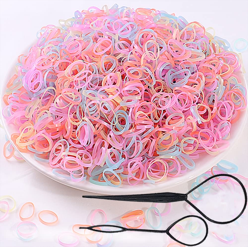 Photo 1 of 2000 PCS Hair Bands, Color Elastic Rubbers, Mini Ties for Girls' Ponytails, Soft Non-Slip Small Bands with 2 PCS Topsy Tail Tools