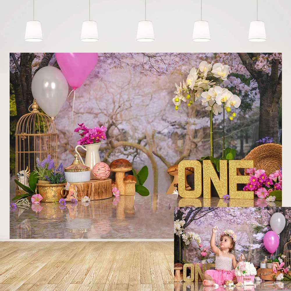 MEHOFOND 7x5ft Pink Girl 1st Birthday Photography Backdrops Pink Floral Balloon Baby Girl First Birthday Party Background Banner Cake Smash Decoration Newborn Portrait for Photo Studio Booth Props