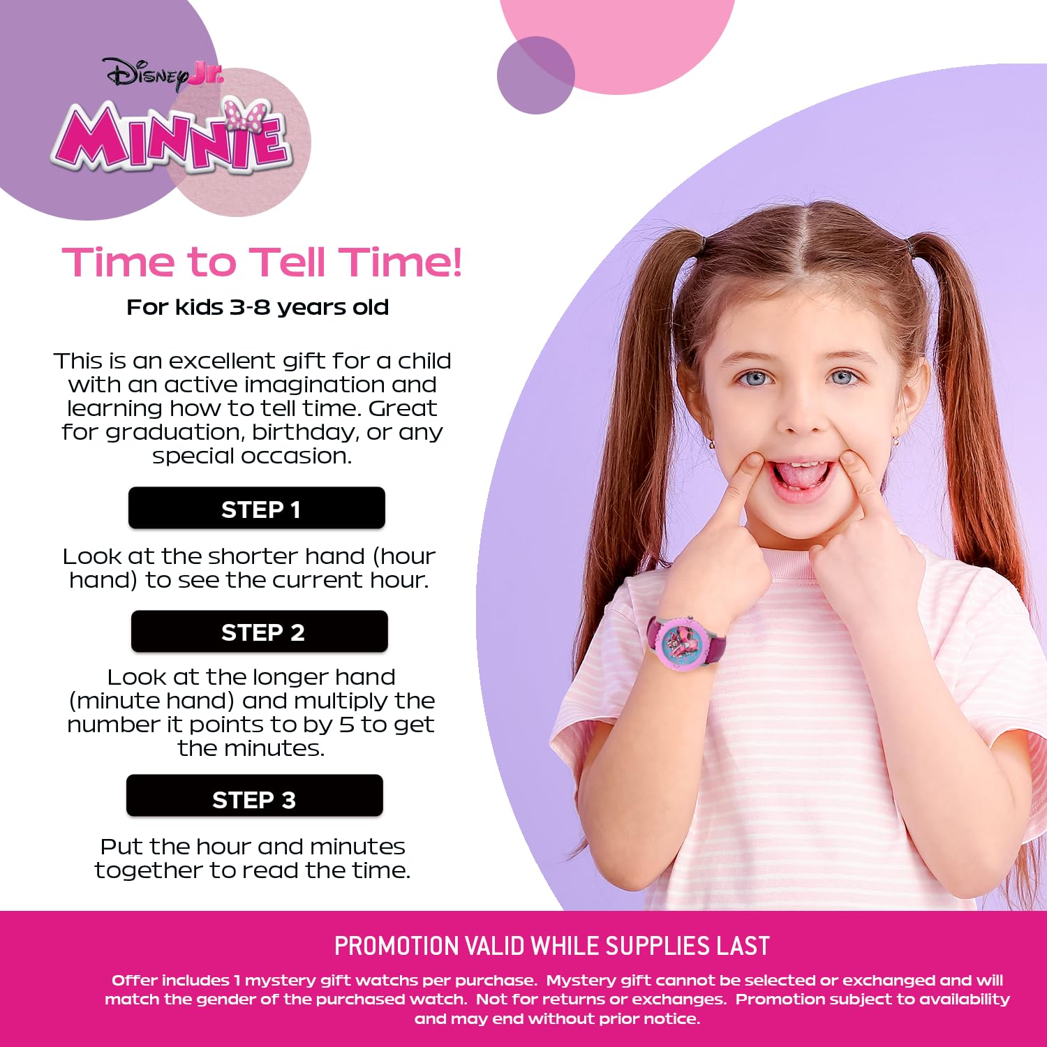 Disney Minnie Mouse Watch for Ages 3–7 with Bold Dial – Gift for Kids Who Love Minnie Toys – Pink Bezel and Pink Leather Strap – Buy and GET 1 Free Mystery Watch
