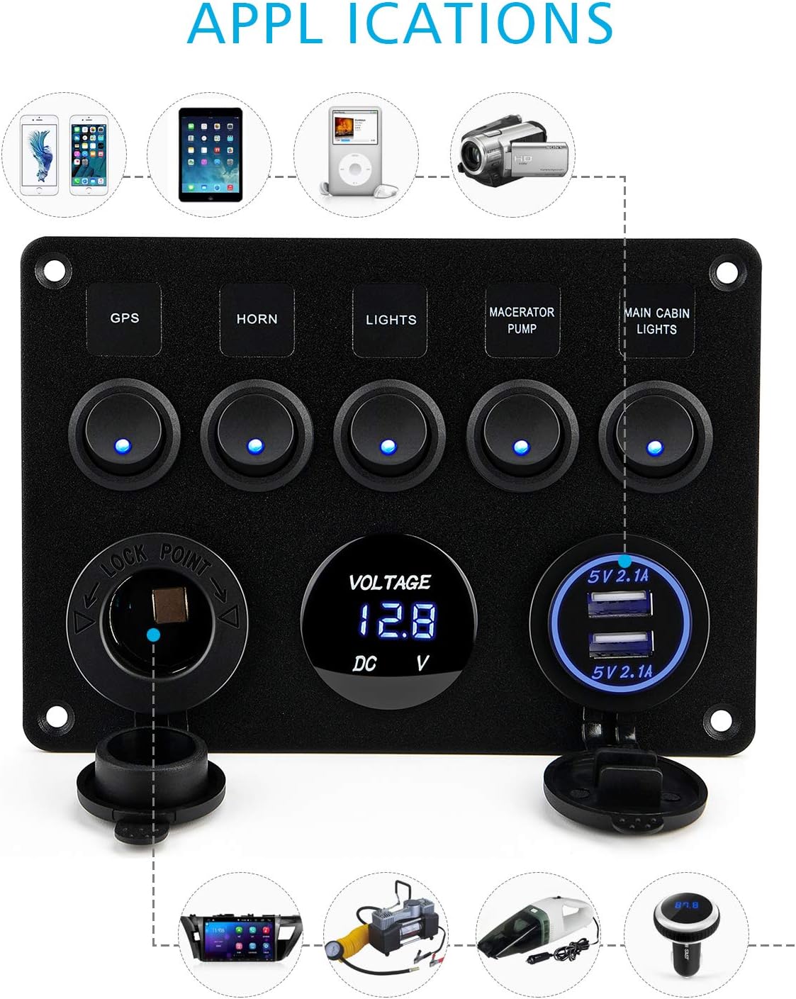 Kohree 5 Gang Rocker Switch Panel 12V Waterproof for RV Boat Car Vehicles Truck Marine, Toggle Led Switch Panel Digital Voltmeter Display Dual USB Charger Port DC: Automotive