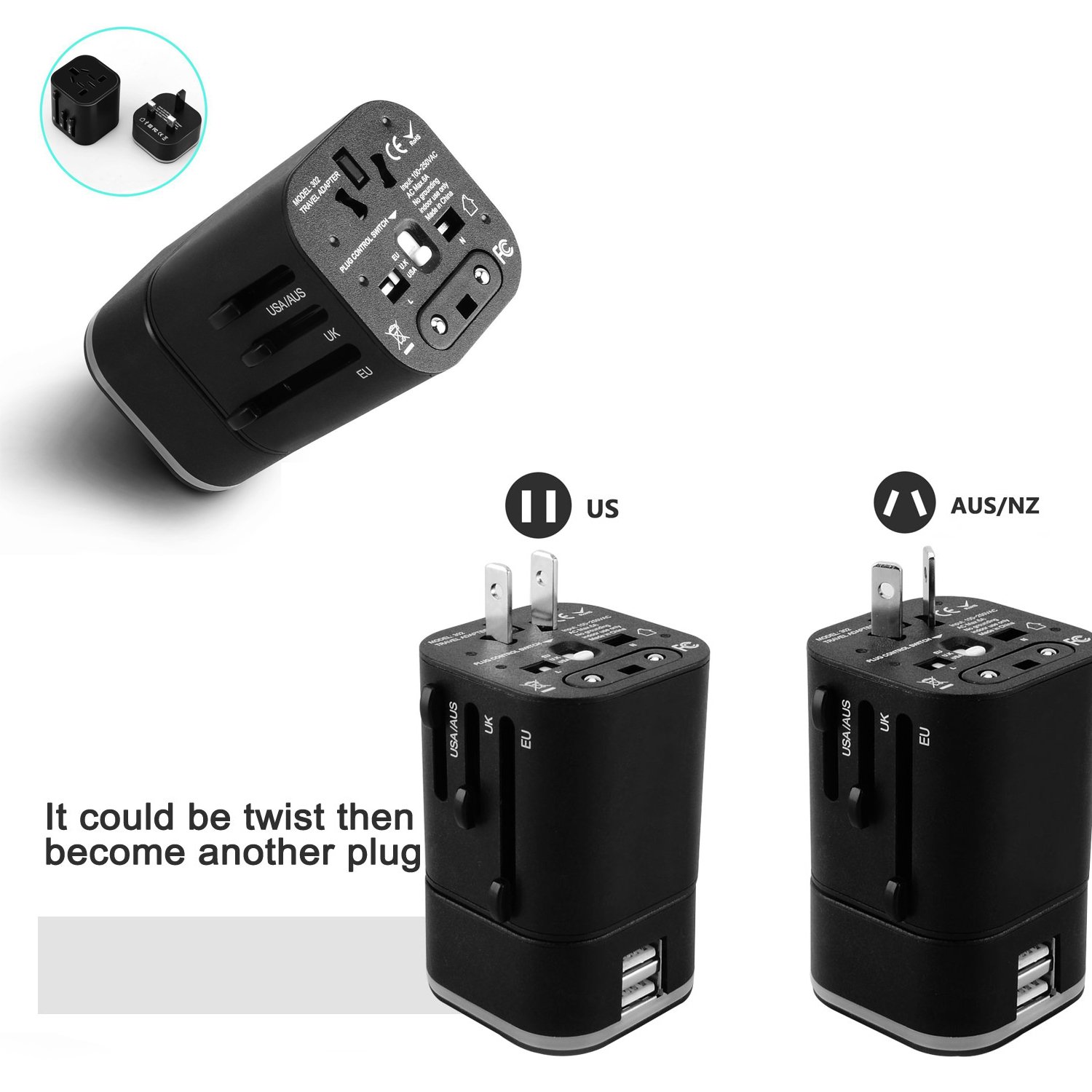 Adattatore di caricabatteria da viaggio, caricabatterie da muro internazionale Moobom worldwide universale adattatore da viaggio con due porte USB per Apple, iPod, iPad, Android, smartphone e fotocamere digitali (grado di alimentazione USB 