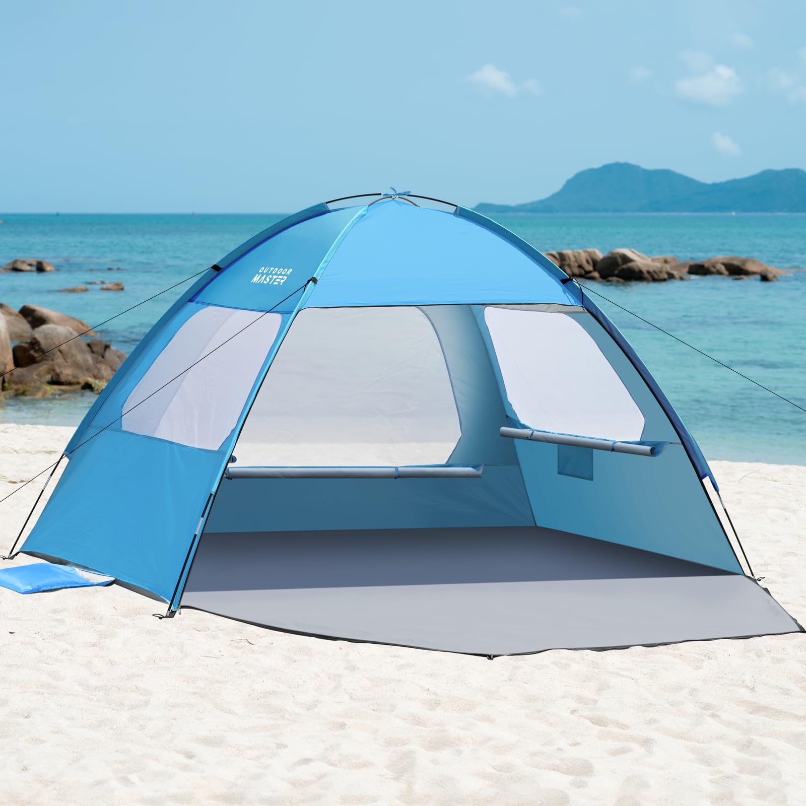 Photo 1 of OutdoorMaster Beach Tent for 3/4 Person - Easy Setup Sun Shade Shelter, Portable Beach Shade Sun Canopy with UPF 50+ UV Protection, Removable Skylight Family Size - 4 Person Blue