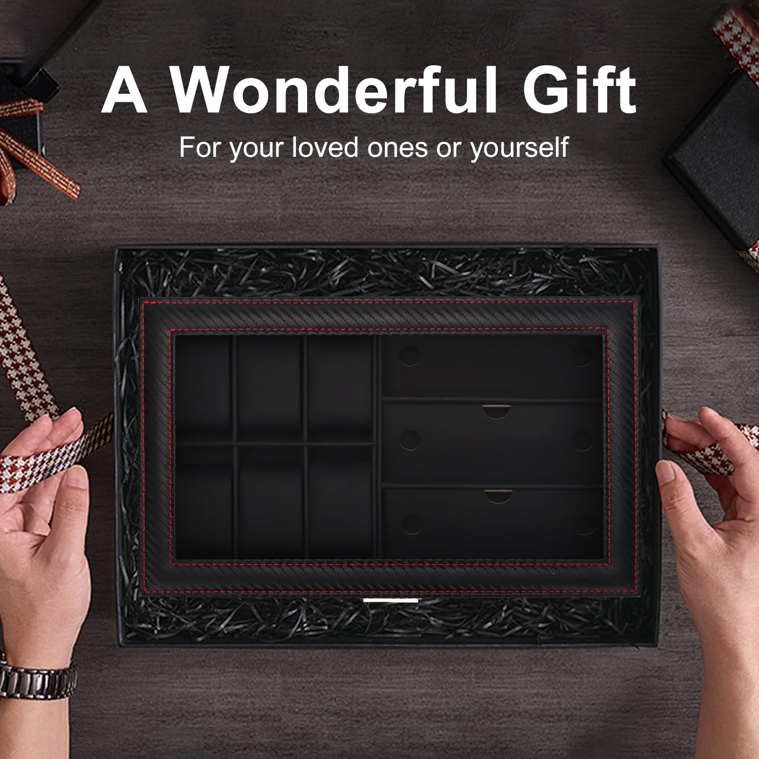 Watch Box, Leather Mens Jewelry Box With 6 Slot Watch Case & 3 Slot Sunglasses Organizer, 2 Layers Lockable Watch Holder Organizer With Glass Lid For Earrings, Rings, Bracelets, Gifts for Men