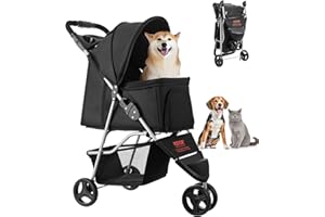 VEVOR Pet Stroller, 35 lbs Weight Capacity, Foldable Dog Cart, 3 Wheels Cats Carts with Mesh Windows and Cup Holders, Portable Pet Carrier Stroller with Brake, for Small to Medium Pets