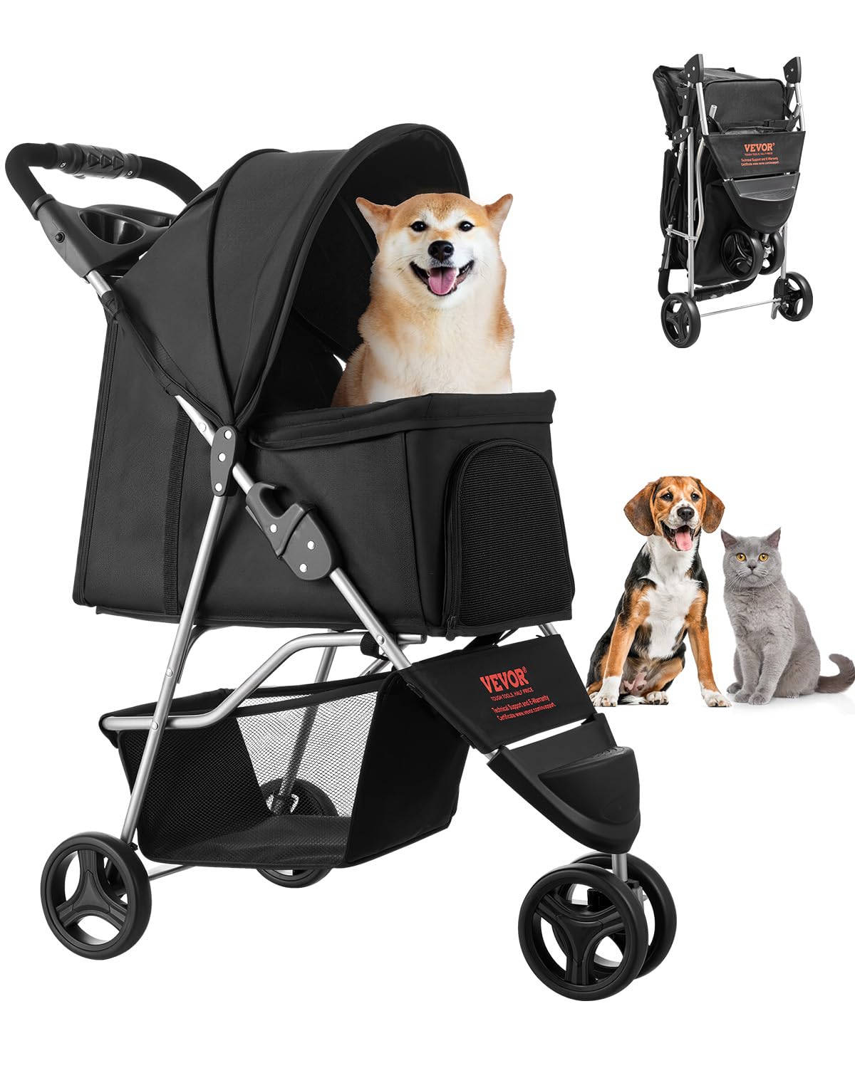 VEVOR Pet Stroller, 35 lbs Weight Capacity, Foldable Dog Cart, 3 Wheels ...