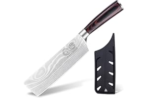 XYJ Authentic Since 1986,Japanese Nakiri Knife,Stainless Steel Laser Damascus Pattern,7" Vegetable Knife with Sheath,Wood Han