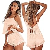 Ekouaer Satin Backless Ruffle Pajamas Silk Bow Ties Lingerie Set Wedding Bridal Party Sleepwear for Women