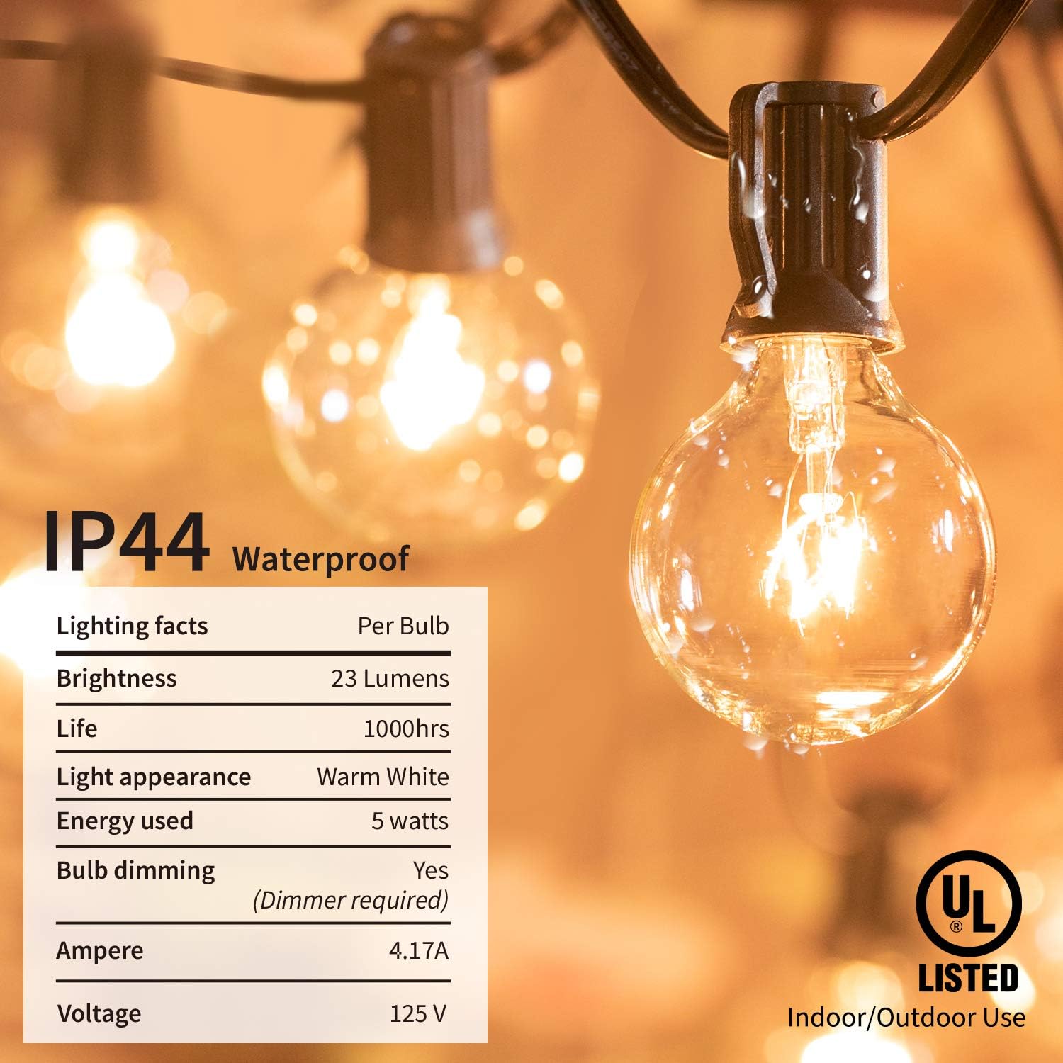 Brightown Outdoor Patio String Lights-100Ft G40 Backyard Lights with 104 5W Edison Clear Bulbs(4 Spare), UL listed Waterproof Hanging Lights for Balcony Porch Bistro Party Decor, C7/E12 Socket, Black : Garden & Outdoor
