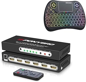 PONYBRO Mini Wireless Keyboard ＆ 4K@60Hz HDMI Switcher 5 in 1 Out Compatible for PS4,Xbox,Blu-ray Player,Apple TV, Fire Stick.